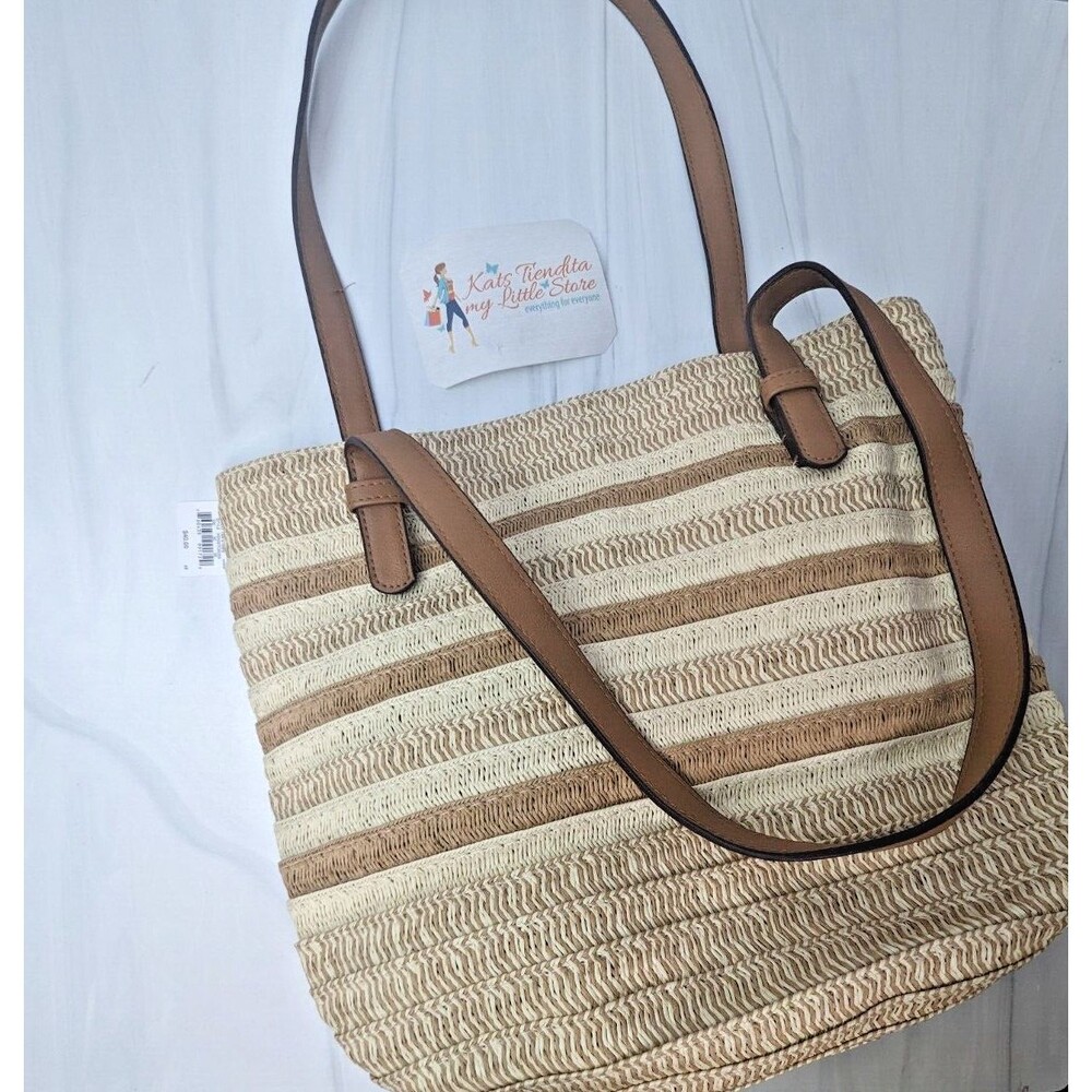 Sonoma Goods Twist Straw Tote Handbag Tan Stripe Medium NWT